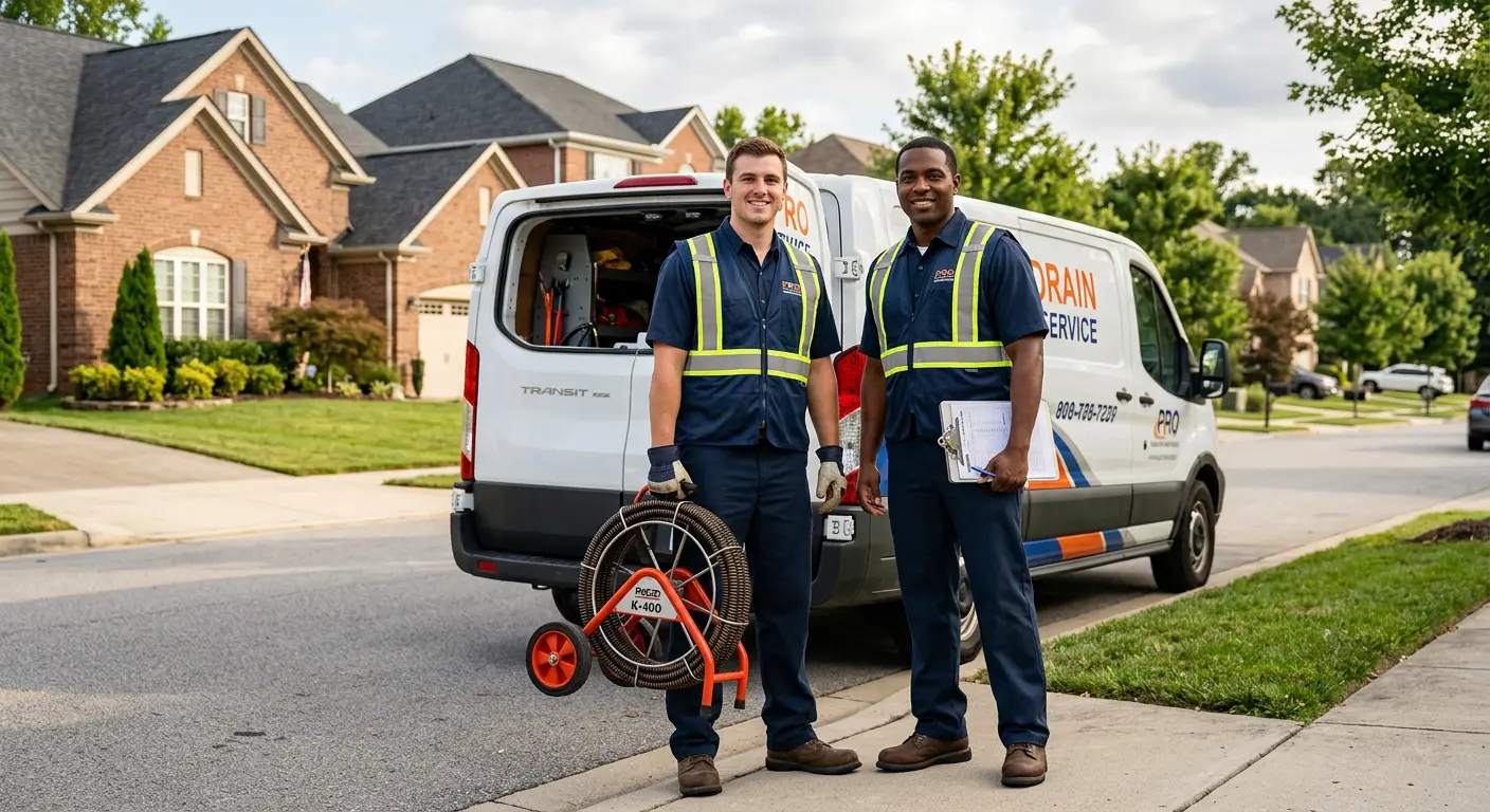 Sewer and drain service team with equipment ready for work in Grandview