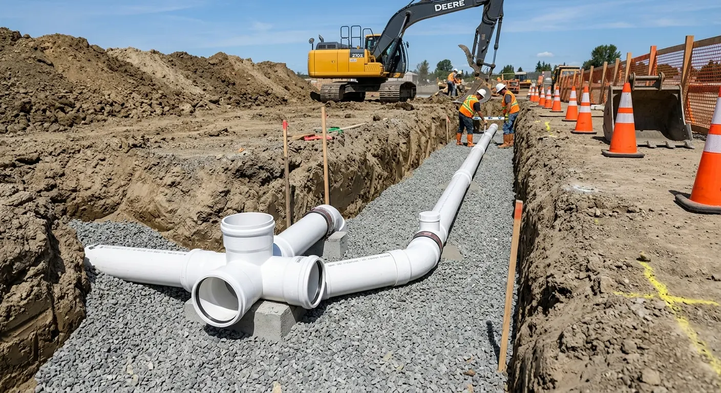 New PVC sewer pipe installation in open trench for Sewer Backup in Grandview