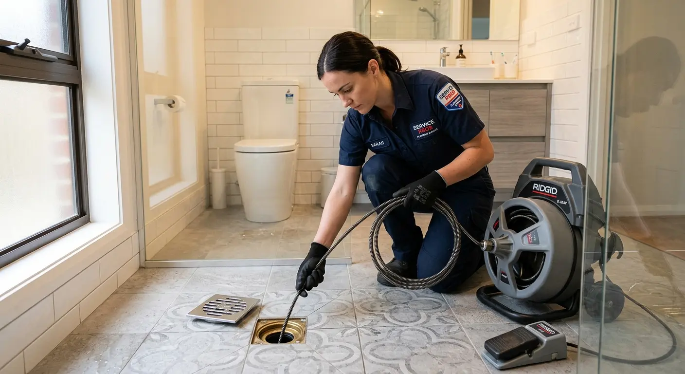Technician clearing a bathroom floor drain for Clogged Drain Repair in Grandview
